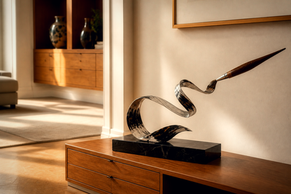 Elnath — Stainless steel and wood on Nero Marquina marble sculpture by 1-OPH