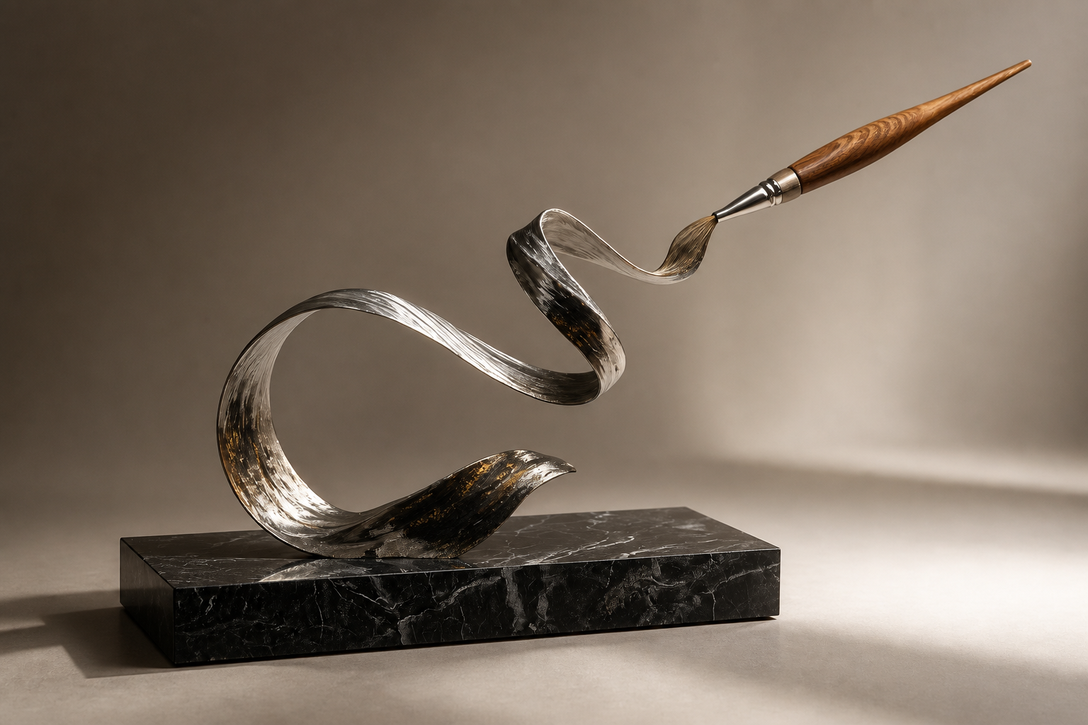 Elnath — Stainless steel and wood on Nero Marquina marble sculpture by 1-OPH