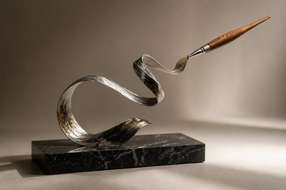 Elnath — Stainless steel and wood on Nero Marquina marble sculpture by 1-OPH