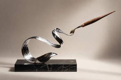 Elnath — Stainless steel and wood on Nero Marquina marble sculpture by 1-OPH