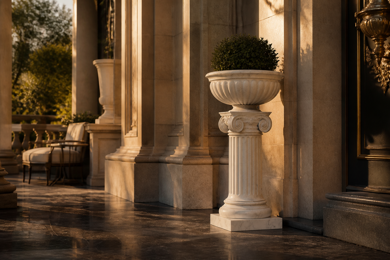 Tuscolo — white marble urn planter on an Ionic column by 1-OPH