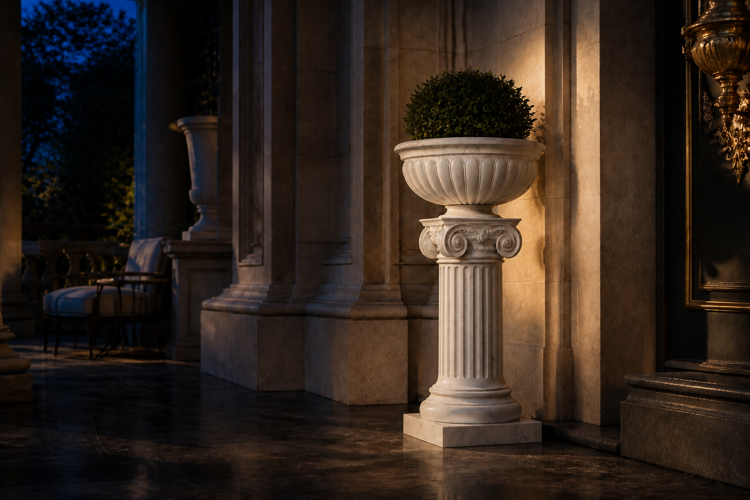 Tuscolo — white marble urn planter on an Ionic column by 1-OPH