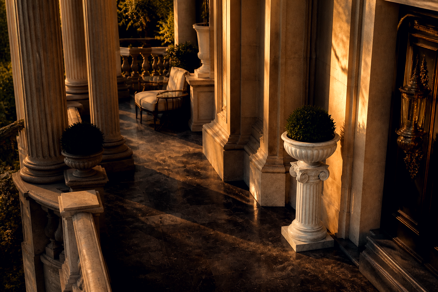 Tuscolo — white marble urn planter on an Ionic column by 1-OPH