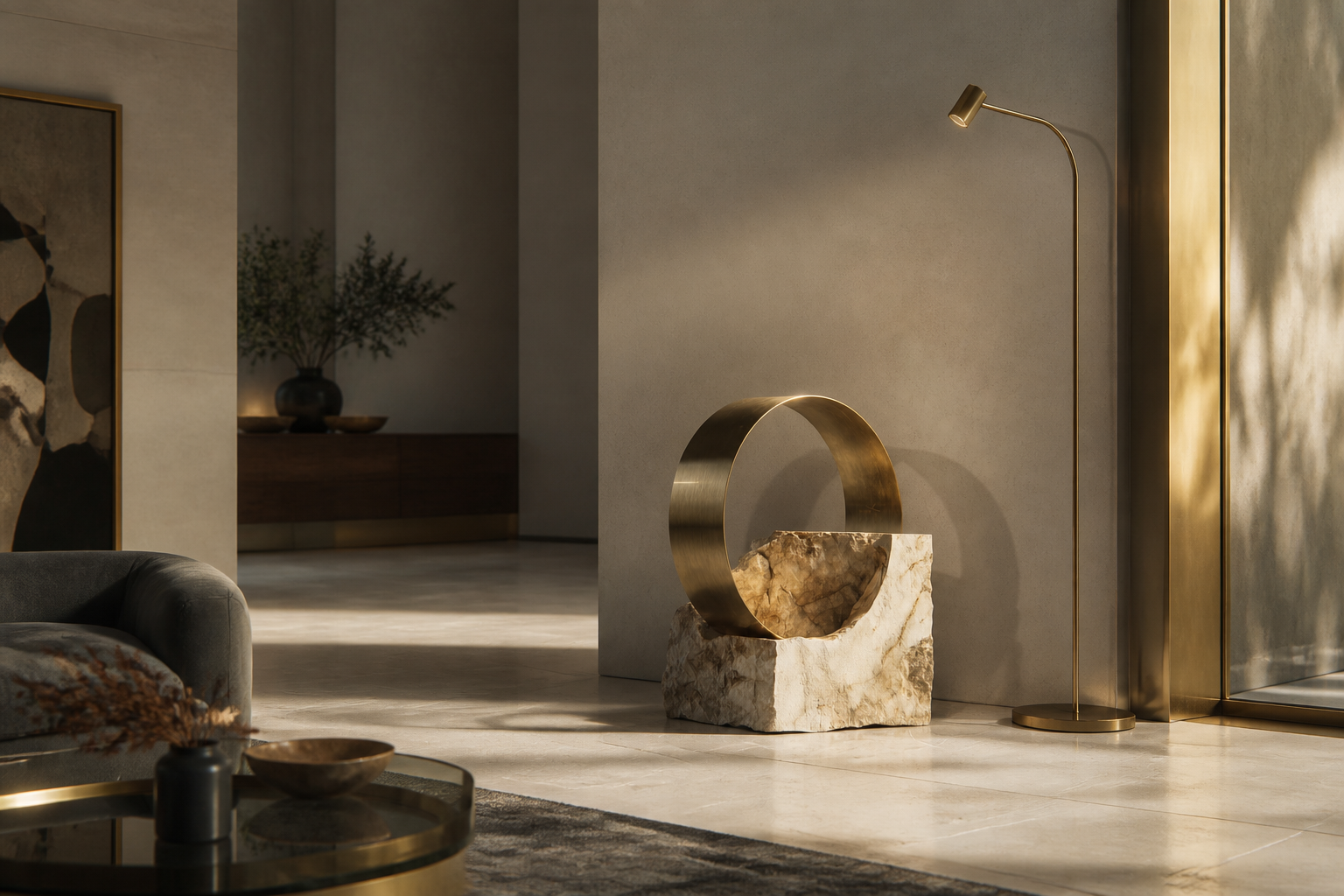 Menkar — Brass and limestone sculpture by 1-OPH