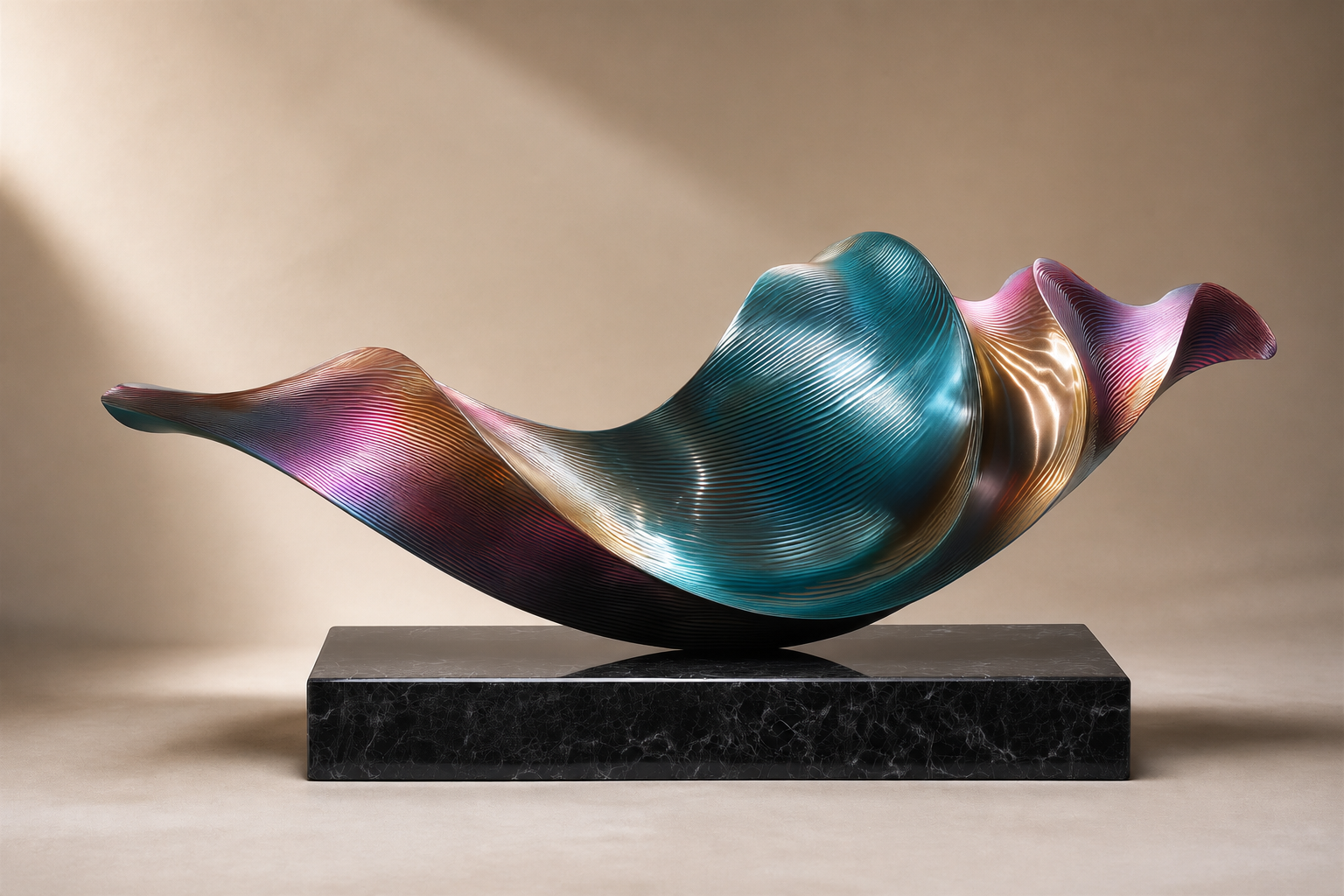 Algol — Titanium-finished steel on Nero Marquina marble sculpture by 1-OPH