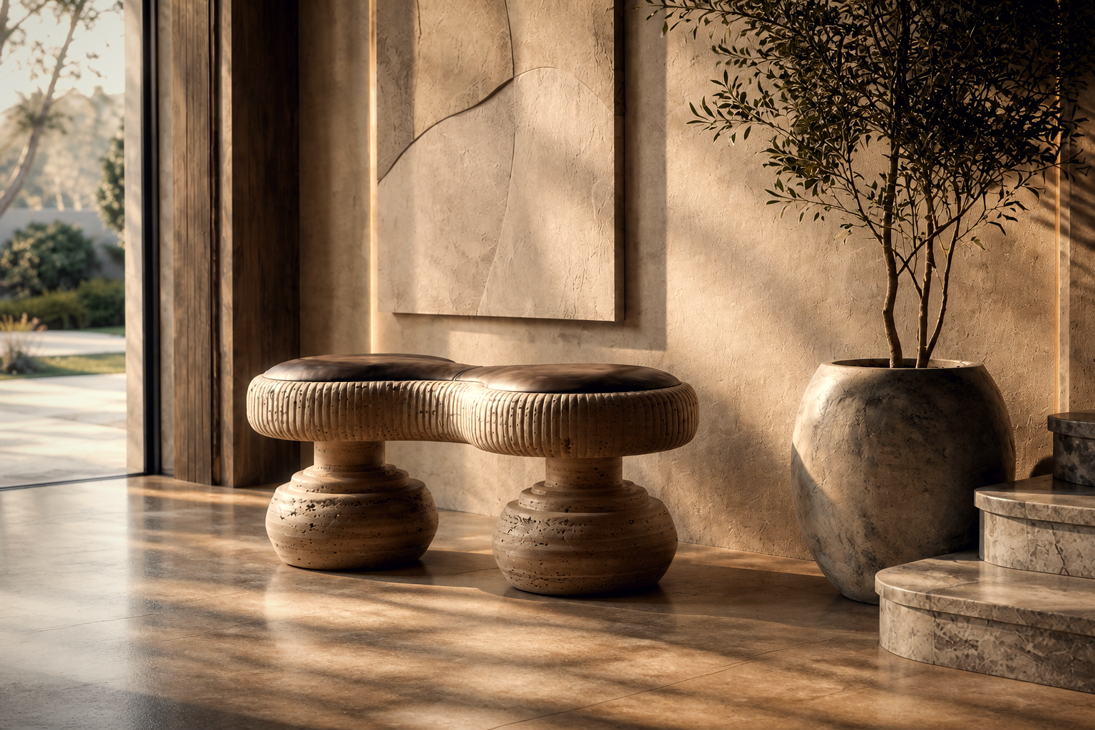 Riposo — travertine sculptural bench by 1-OPH