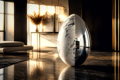 Prima — Marble and stainless steel egg sculpture by 1-OPH