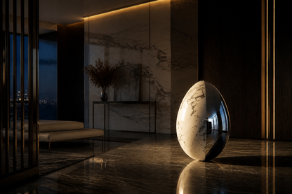 Prima — Marble and stainless steel egg sculpture by 1-OPH