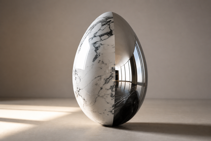 Prima — Marble and stainless steel egg sculpture by 1-OPH