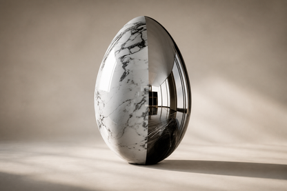 Prima — Marble and stainless steel egg sculpture by 1-OPH