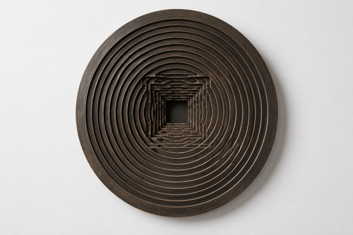 Baori — Ø 200 cm dark patinated bronze circular wall relief of a stepwell, studio front view
