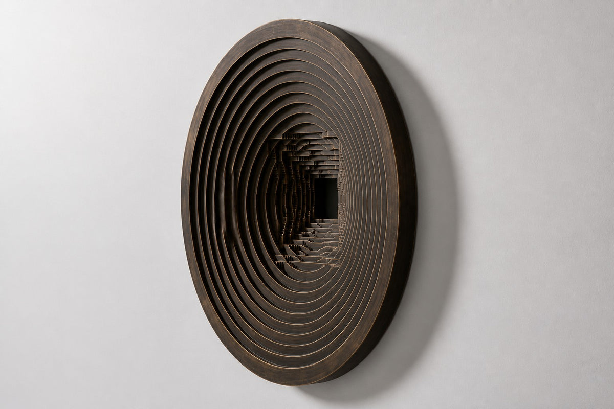 Baori — Ø 200 cm dark patinated bronze circular wall relief of a stepwell, studio side angle showing its depth
