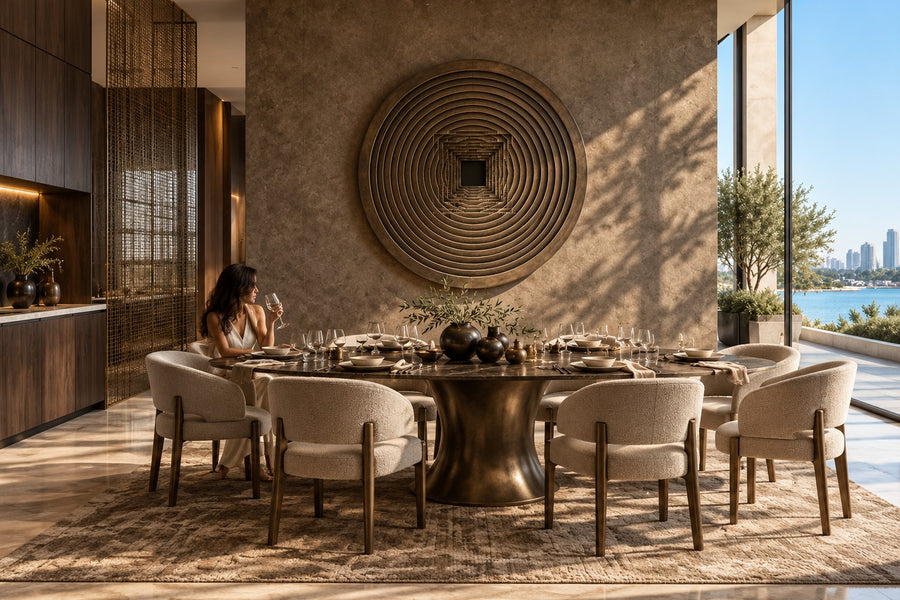 Baori — Ø 200 cm dark patinated bronze circular wall relief of a stepwell, installed on the wall of a furnished room