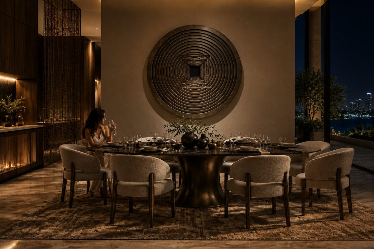 Baori — Ø 200 cm dark patinated bronze circular wall relief of a stepwell, the same room at night, lamps on