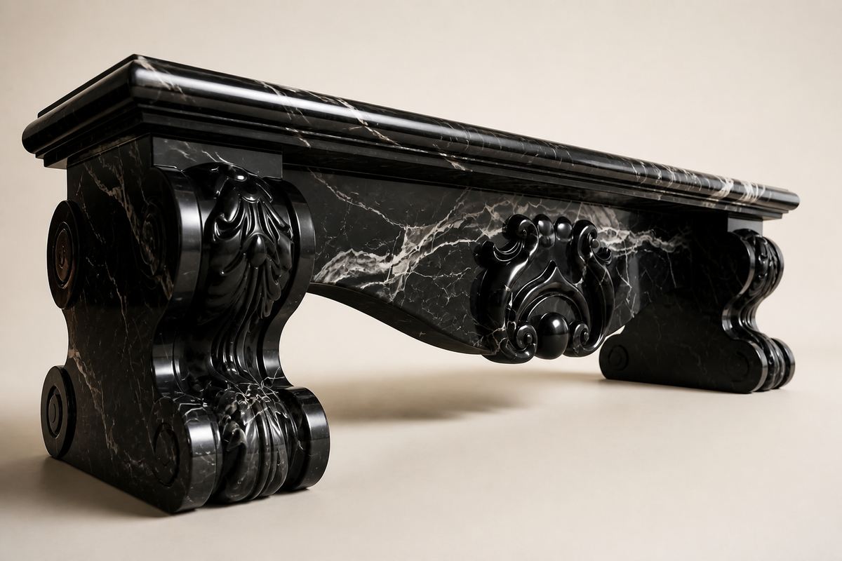 Baroque Nero Marble Bench, three-quarter studio view showing its profile