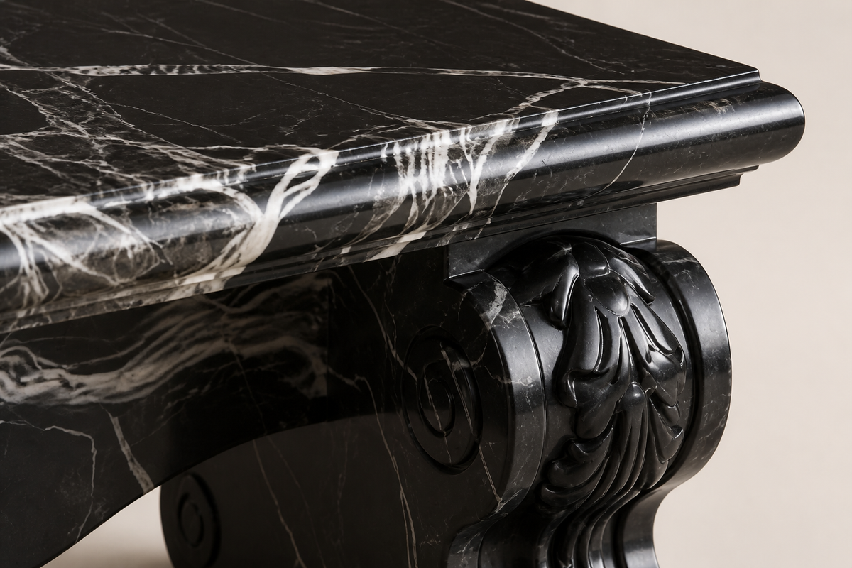 Baroque Nero Marble Bench, close studio detail of the surface and material