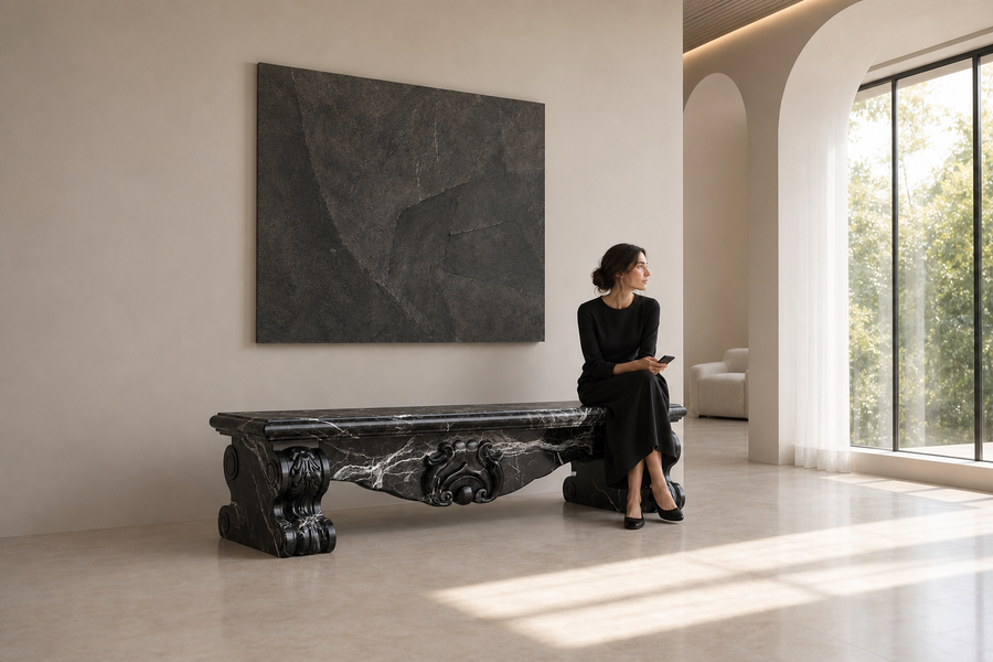 Baroque Nero Marble Bench, shown in a room setting, at full scale