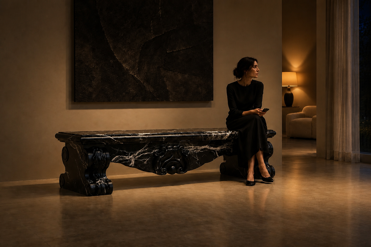 Baroque Nero Marble Bench, in a room setting under evening light