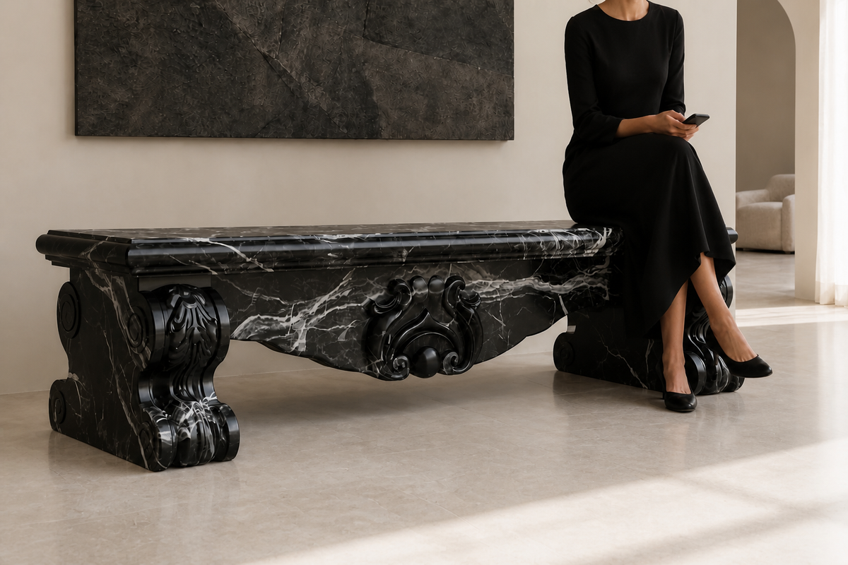 Baroque Nero Marble Bench, close view of the form in its setting