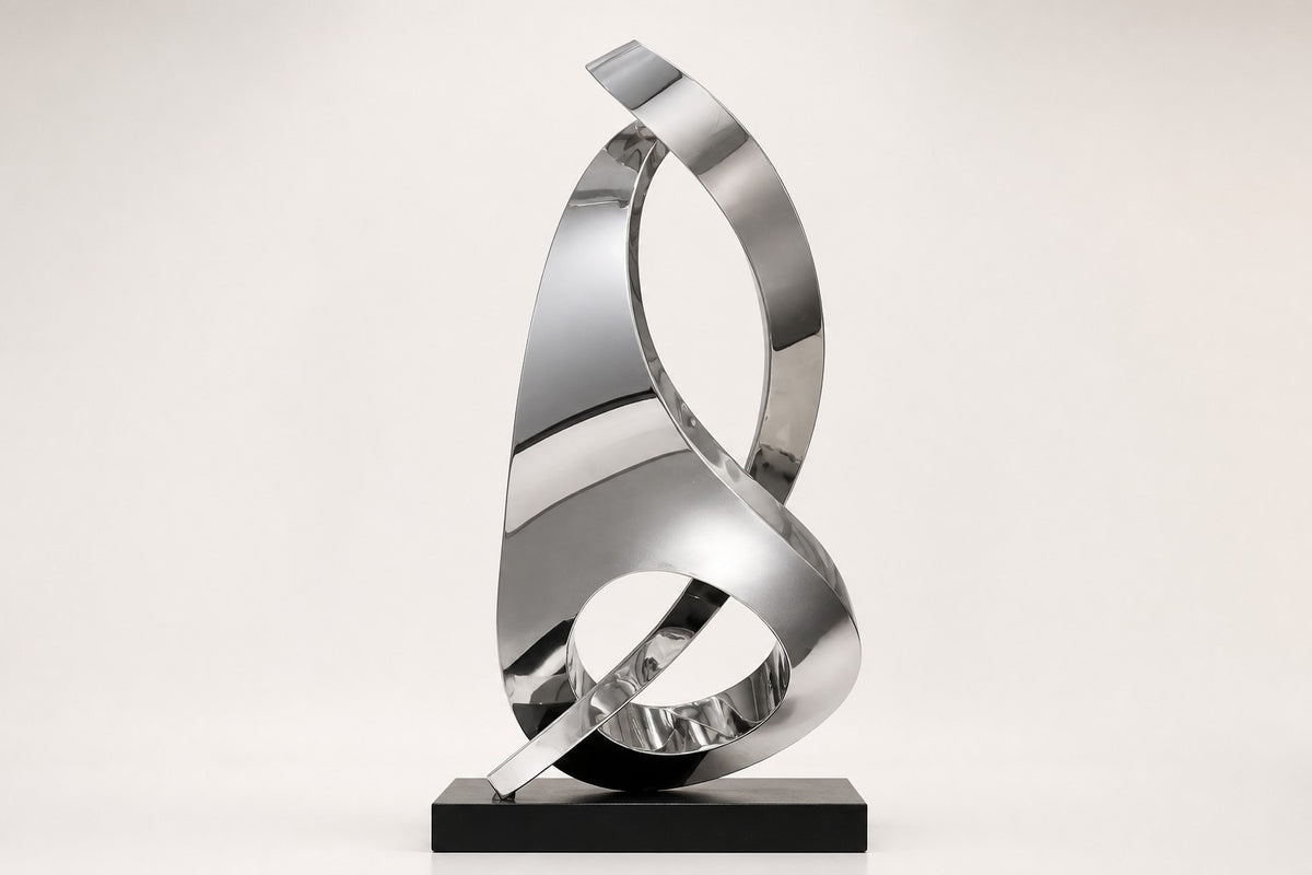 Barq — 200 cm mirror-polished steel twisting ribbon sculpture on a black base, studio view of the whole piece