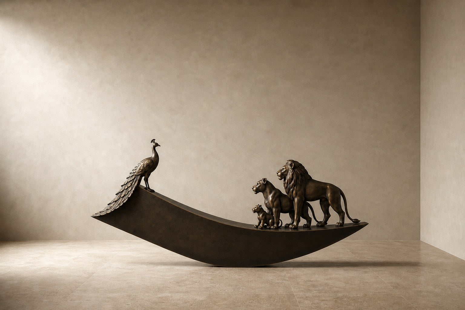 Warm bronze crescent sculpture Barranco balanced on its curve, a standing group at one end and a single raised figure at the other.