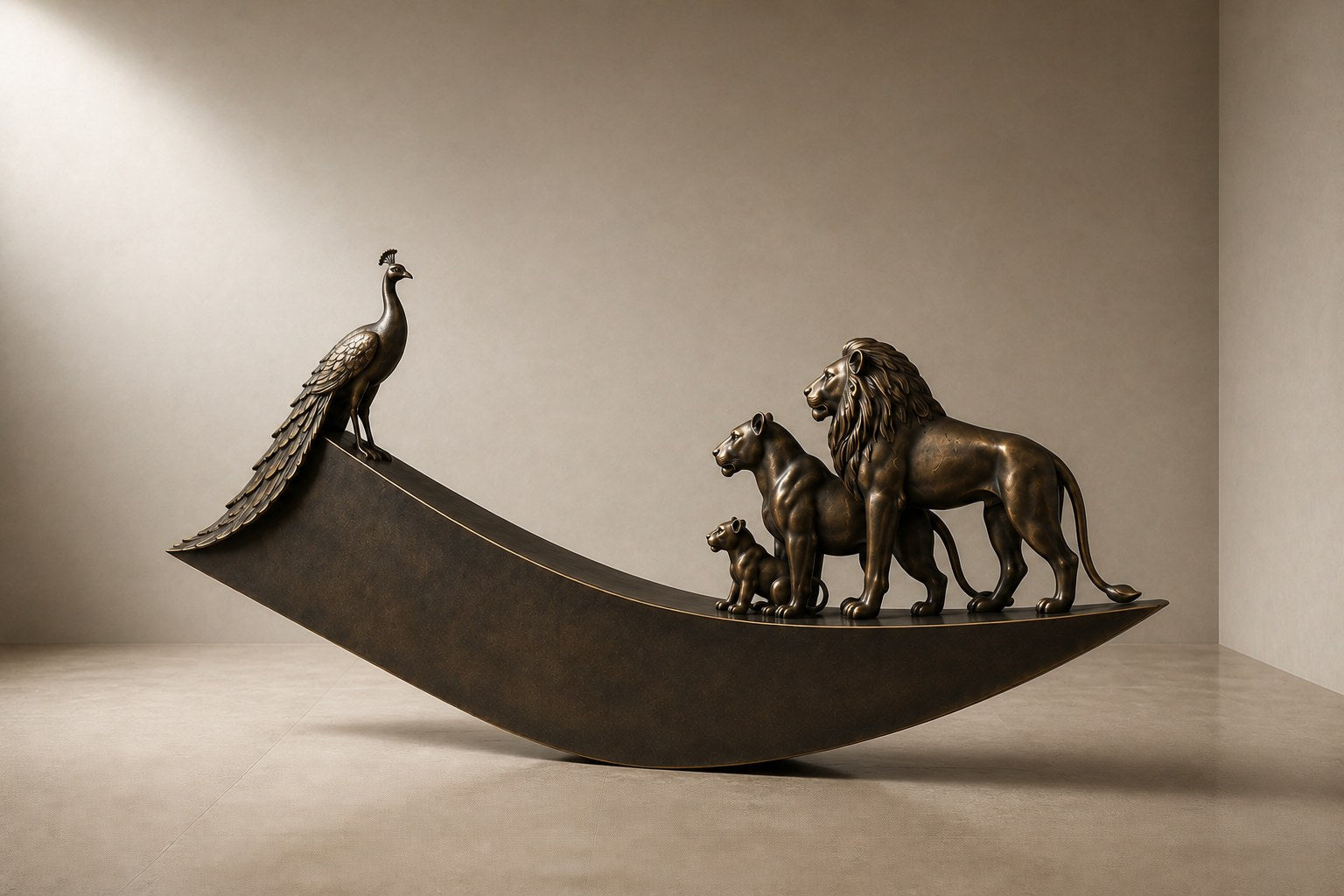Warm bronze crescent sculpture Barranco balanced on its curve, a standing group at one end and a single raised figure at the other.