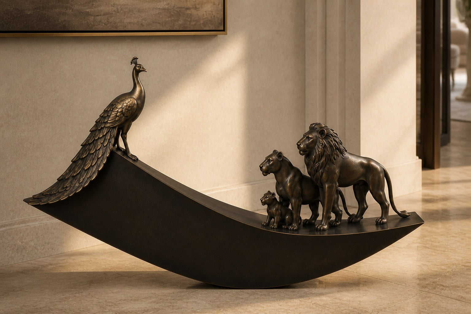 Warm bronze crescent sculpture Barranco balanced on its curve, a standing group at one end and a single raised figure at the other.