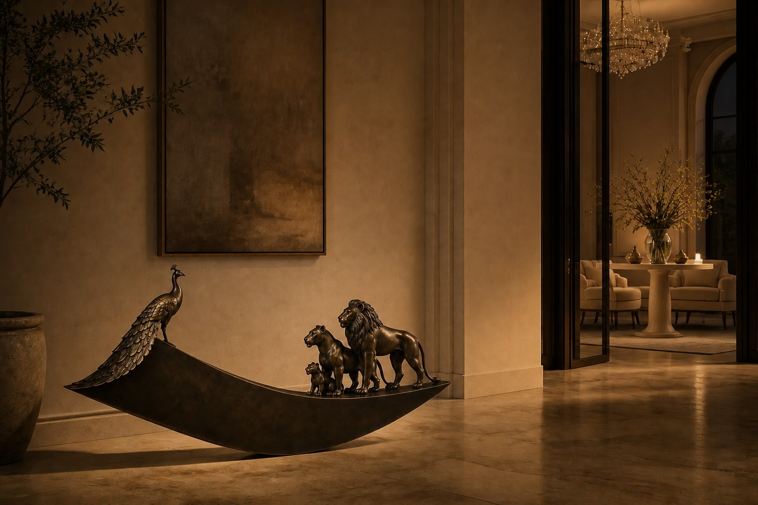 Warm bronze crescent sculpture Barranco balanced on its curve, a standing group at one end and a single raised figure at the other.