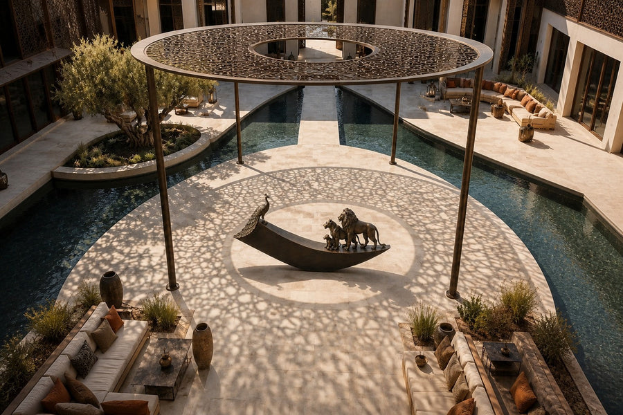 Warm bronze crescent sculpture Barranco balanced on its curve, a standing group at one end and a single raised figure at the other.