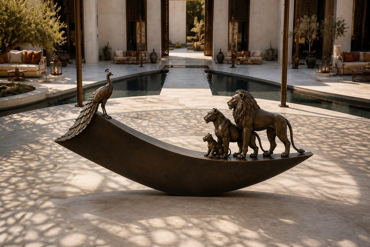 Warm bronze crescent sculpture Barranco balanced on its curve, a standing group at one end and a single raised figure at the other.