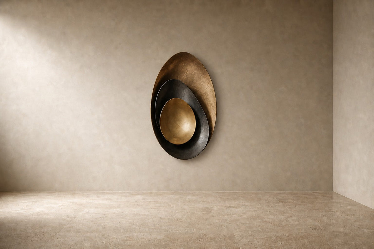 Bayda 120 — 120 cm gold and dark bronze oval wall sculpture of nested bowls, studio view of the whole piece