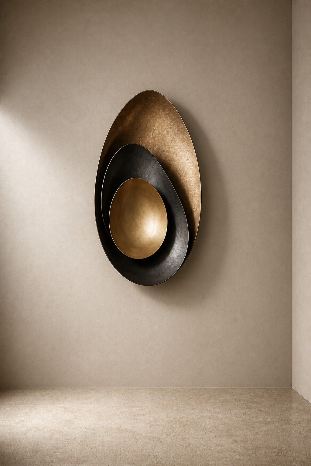 Bayda 120 — 120 cm gold and dark bronze oval wall sculpture of nested bowls, three-quarter studio view showing its profile