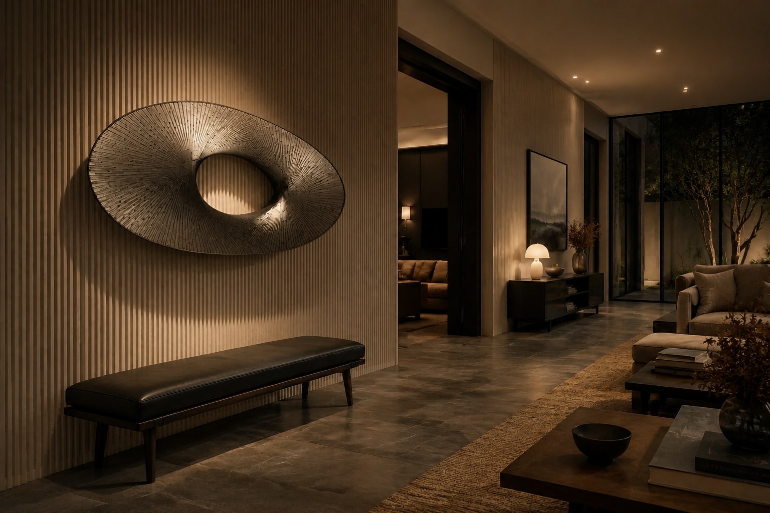 Broad woven-wire ellipse in pale grey with an open oval void, against a plaster wall.