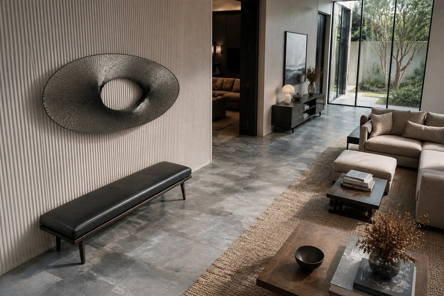 Baydawi — 180 × 90 cm brushed steel wire wall sculpture woven into an open oval, seen from above in the room