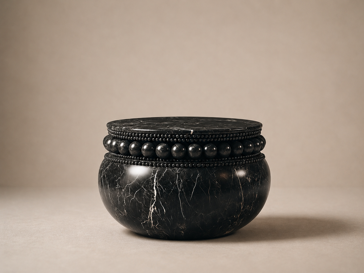 Beaded Pillow Base Compact black marble plinth base by 1-OPH, side elevation