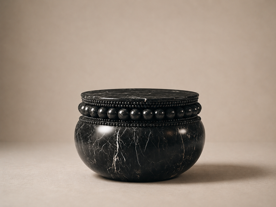 Beaded Pillow Base Compact black marble plinth base by 1-OPH, side elevation