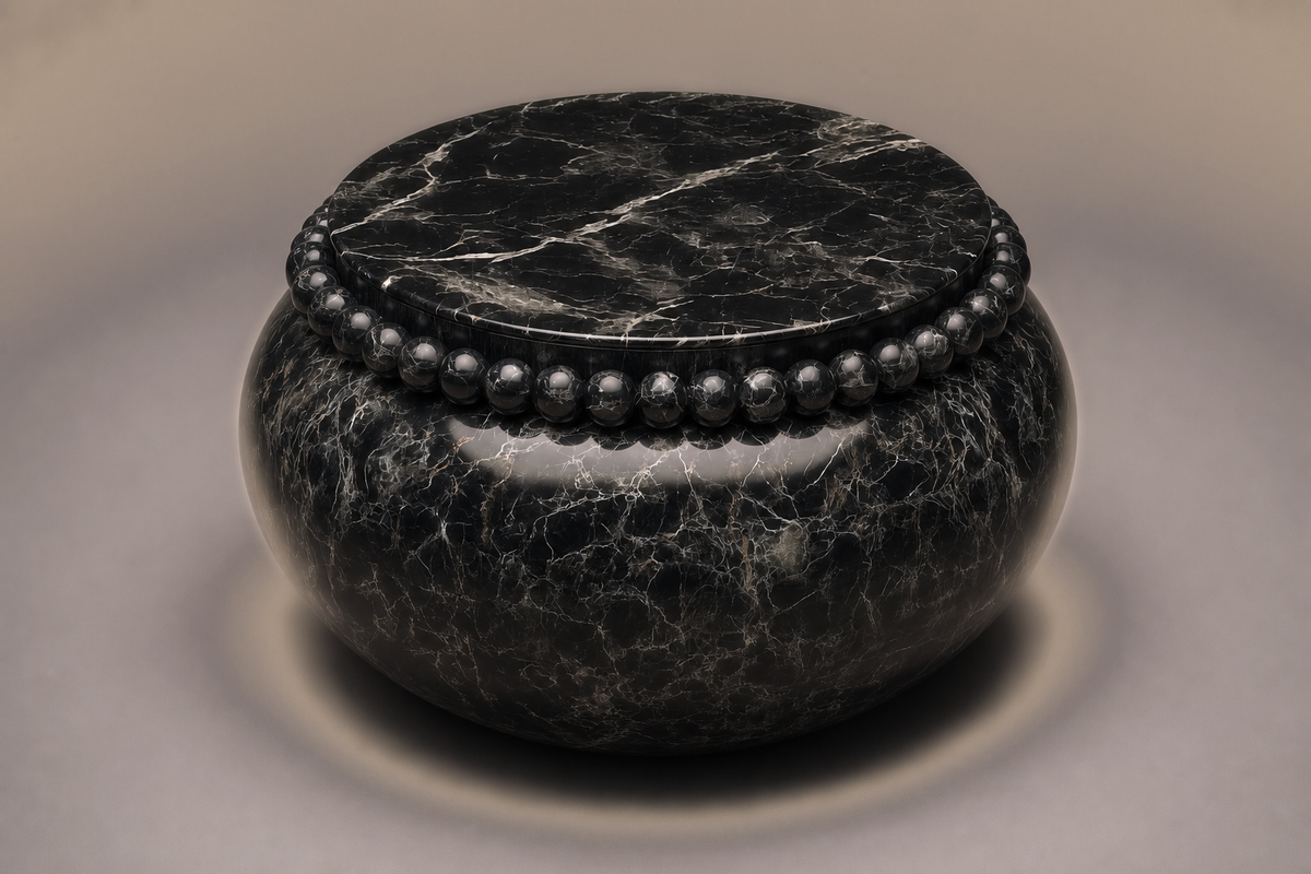 Beaded Pillow Base Wide black marble plinth base by 1-OPH, three-quarter studio view