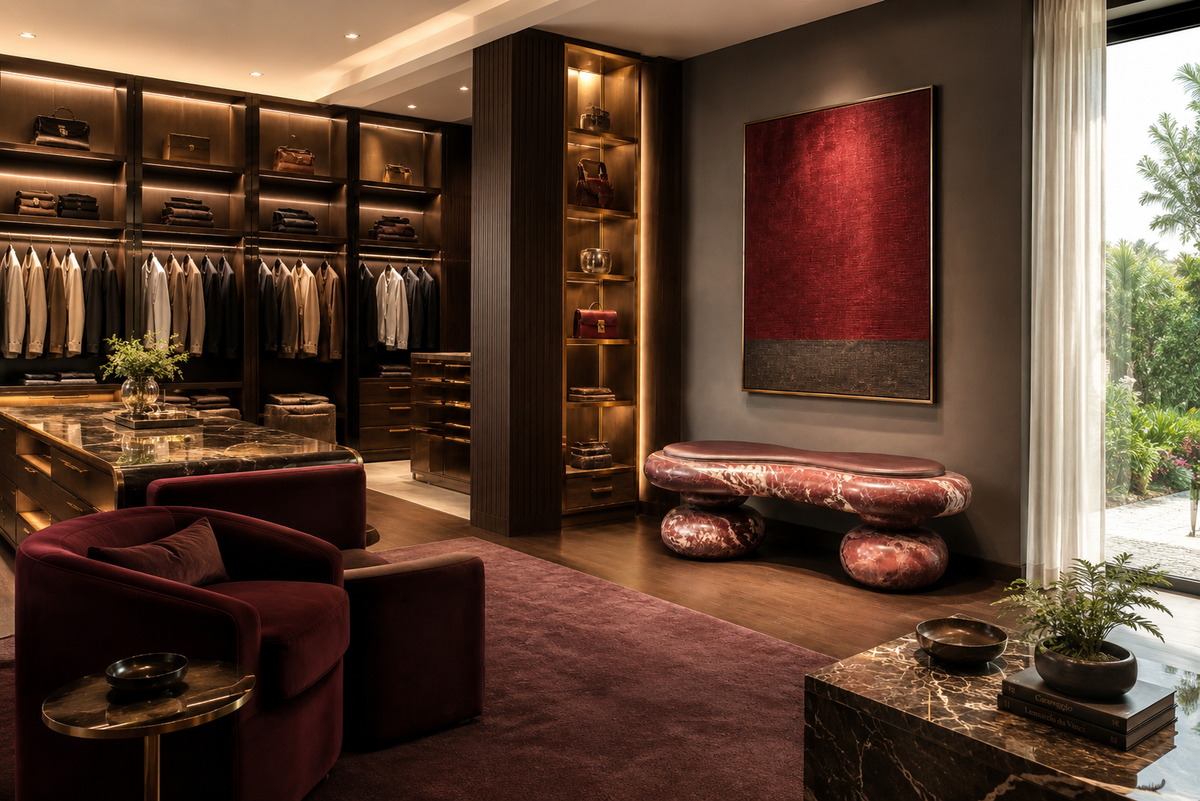 A Rosso Levanto marble sculptural bench in a lamplit dressing room