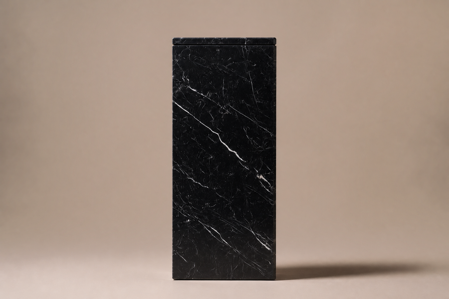 Beveled Monolith Base Block black marble plinth base by 1-OPH, side elevation