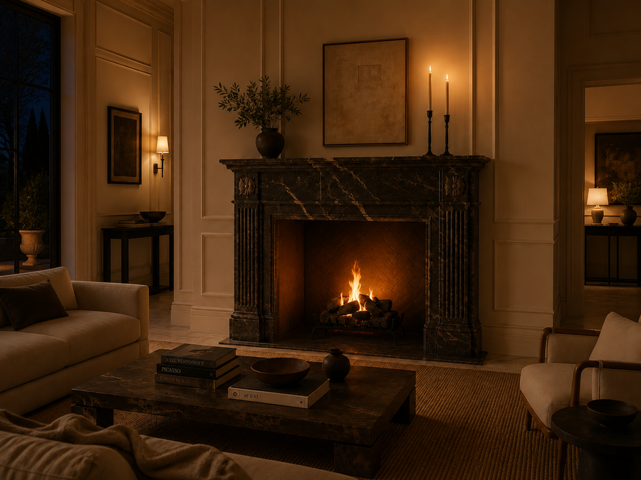 Bosco fireplace, in a room setting under evening light