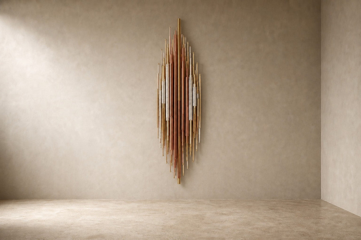 Brasa — 80 × 150 cm vertical cluster of slender copper and brass rods, studio view of the whole piece