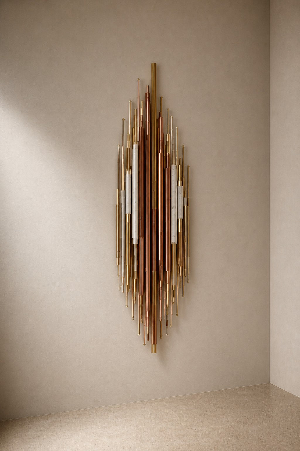 Brasa — 80 × 150 cm vertical cluster of slender copper and brass rods, three-quarter studio view showing its profile
