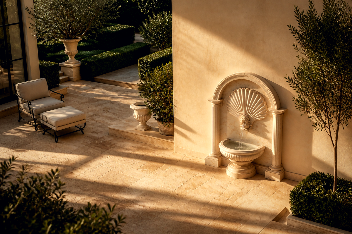 Brim stone fountain, shown in a furnished interior setting