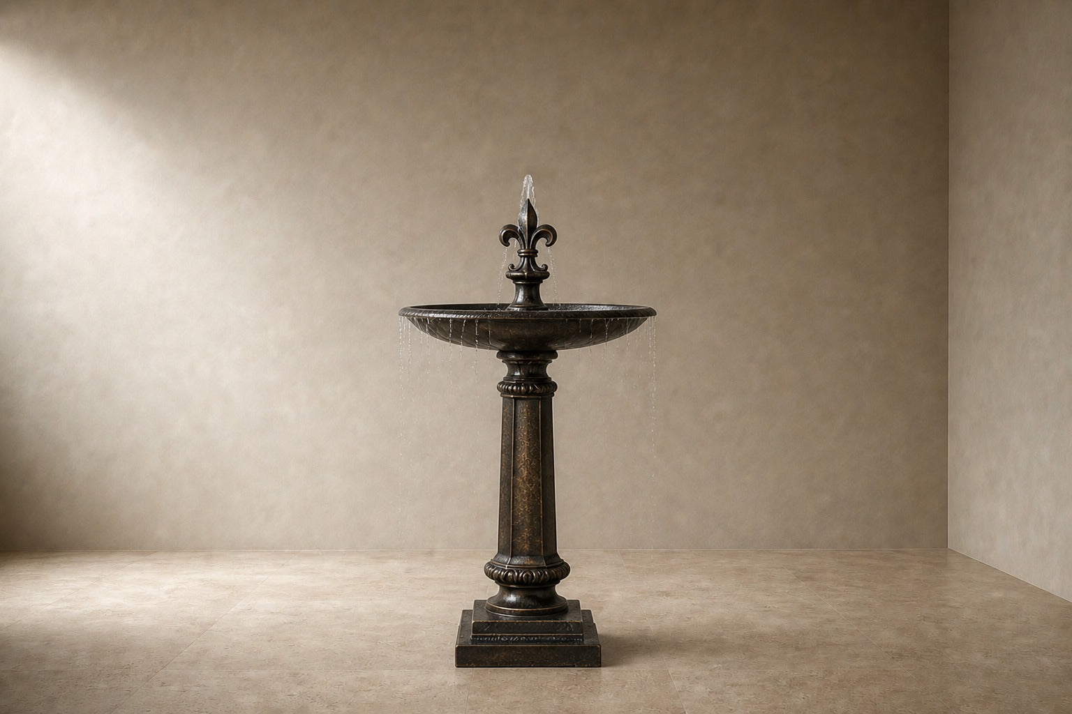 Stone pedestal fountain Brimala Ø65, mottled dark bronze-brown, on a pale stone floor.