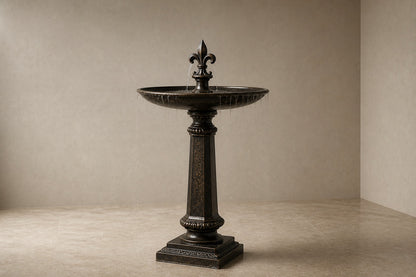 Stone pedestal fountain Brimala Ø65, mottled dark bronze-brown, on a pale stone floor.