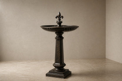 Brimala Ø65 stone pedestal fountain, three-quarter studio view showing its profile and base
