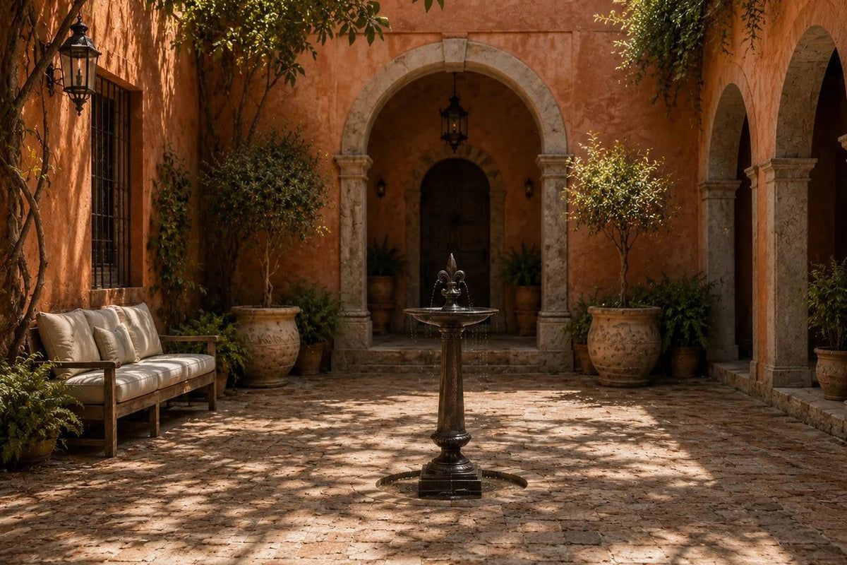 Brimala Ø65 stone pedestal fountain, installed in a sunlit courtyard, seen across the terrace