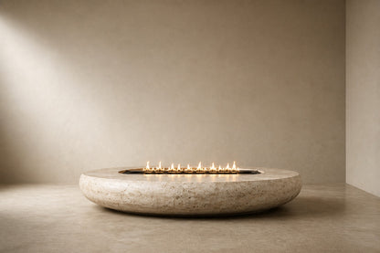Pale fossil travertine fire bowl Bruna Ø180, pale cream with dense fossil shell, on a pale stone floor.