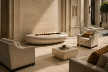 Pale fossil travertine fire bowl Bruna Ø180, pale cream with dense fossil shell, on a pale stone floor.