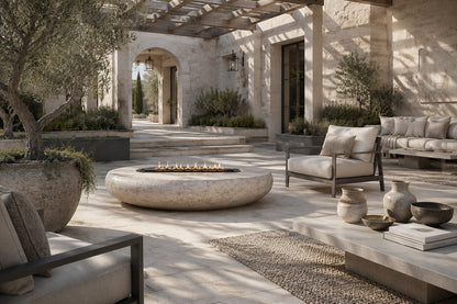 Pale fossil travertine fire bowl Bruna Ø180, pale cream with dense fossil shell, on a pale stone floor.